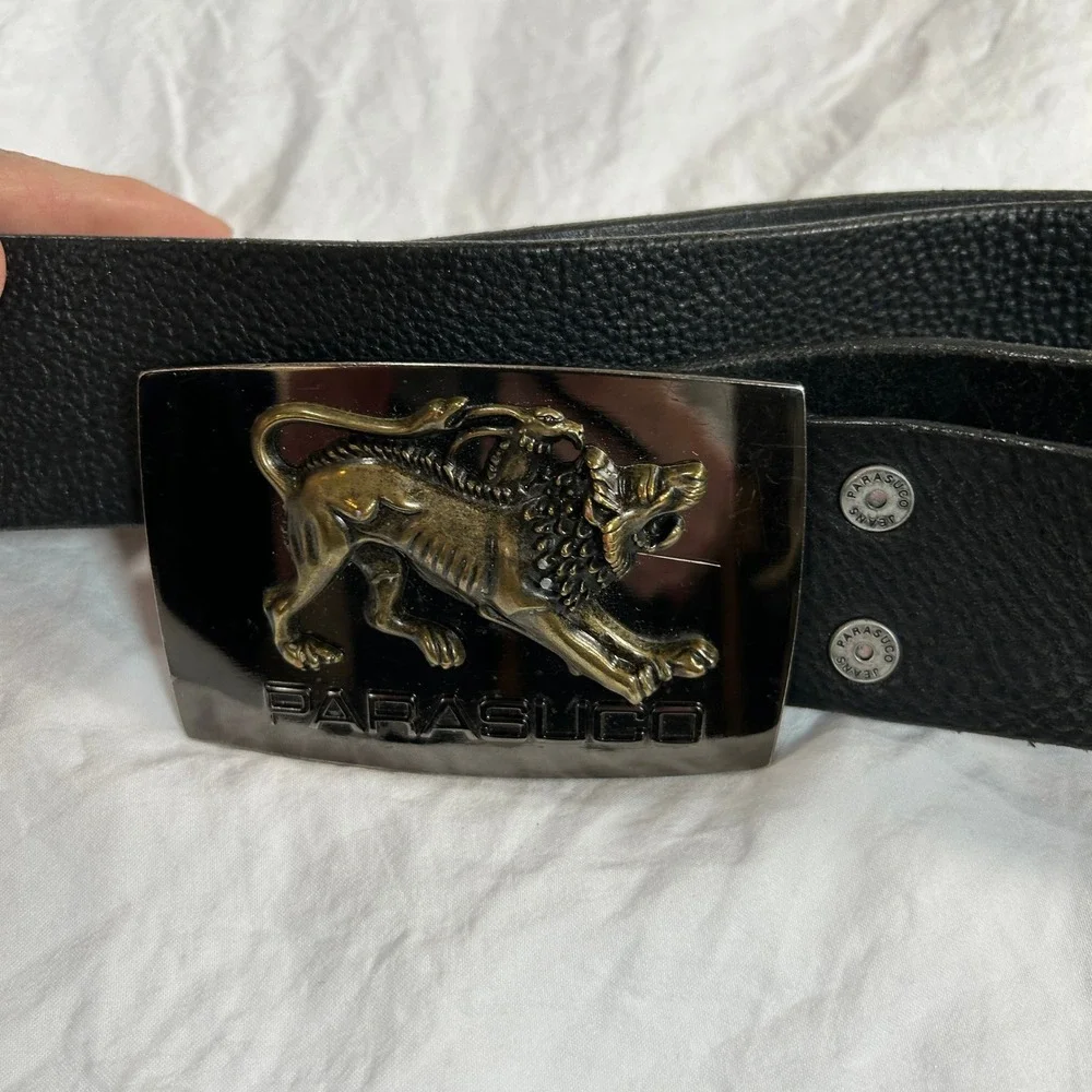 Parasuco Mens Black Genuine Italian Leather Belt Size 32 Lion Buckle Made Canada